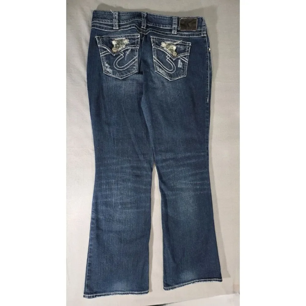 Silver Jeans Co Womens 14 32 Suki Surplus Bootcut Distressed Sequin Jeans